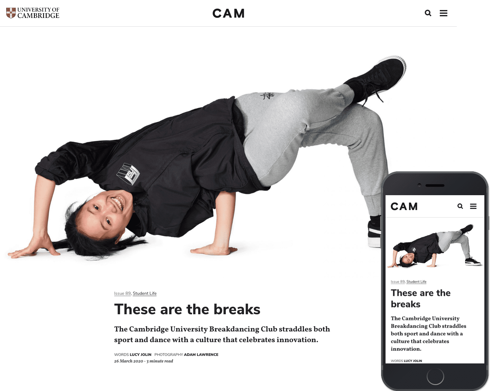 An article from CAM Digital about break dancing with a central image of a happy break dancer. 