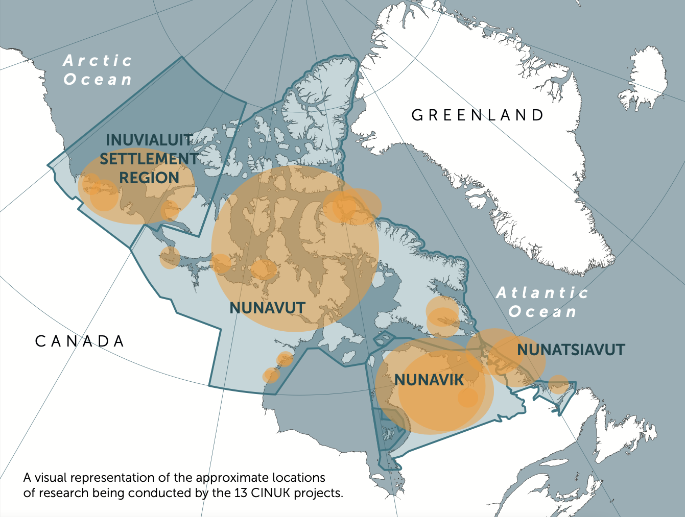 A visual representation of the approximate locations of research being conducted by the 13 CINUK projects, including Inuvialuit settlement region, Nunavut, Nunavik and Nunatsiavut. 